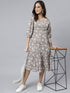 Grey Cotton Floral Print Flared Western Dress